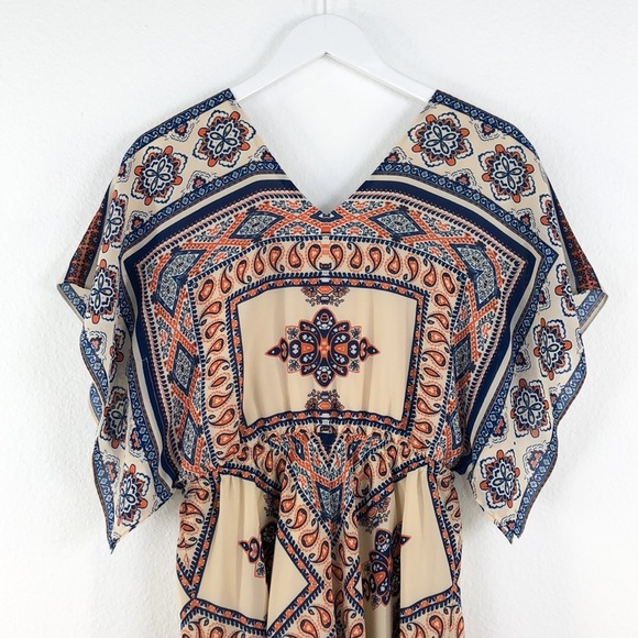 Moon River Blue Orange Handkerchief Print Dress - Picture 3 of 7